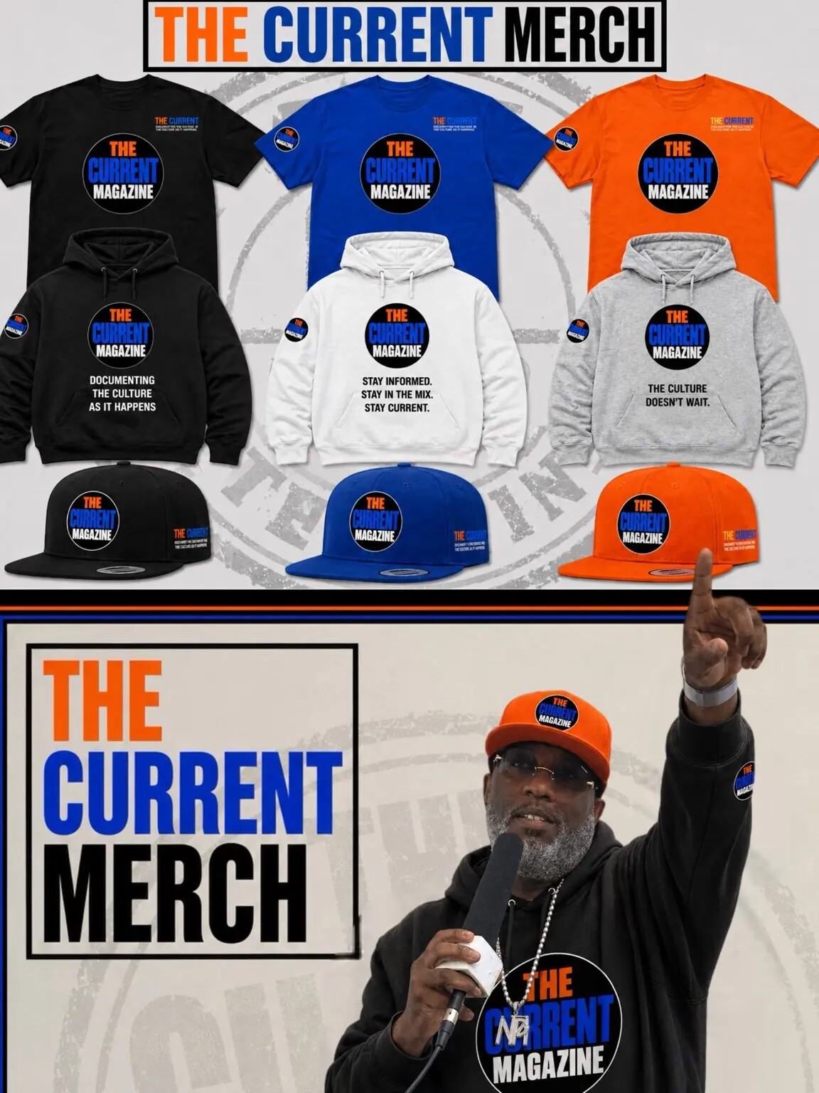 THE CURRENT Magazine merchandise collection featuring shirts, hoodies and hats